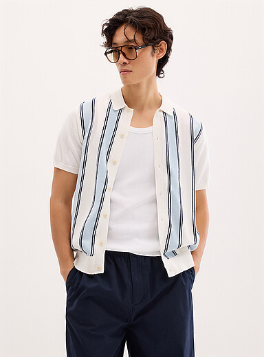 Retro-stripe polo-collar cardigan