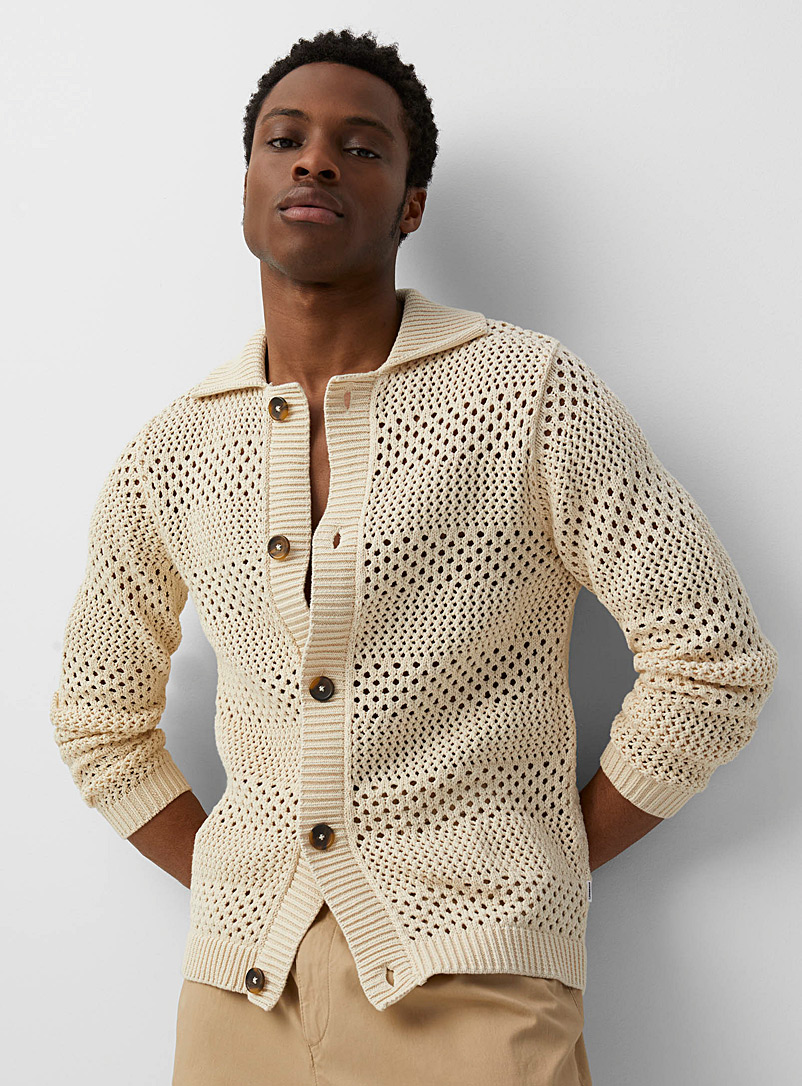 Lindbergh Sand Openwork-knit shirt-collar cardigan for men