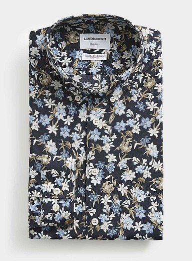 Lindbergh Navy/Midnight Blue SuperFlex floral shirt <b>Relaxed fit</b> for men