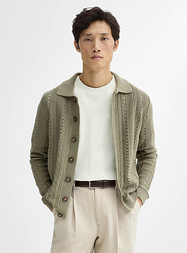 Crochet-knit polo collar cardigan