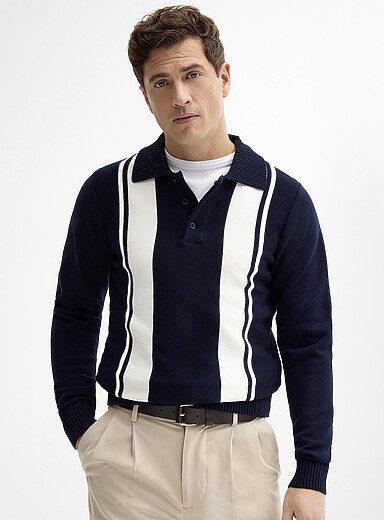 Lindbergh: Le polo tricot rayures verticales Bleu marine - Bleu nuit pour homme