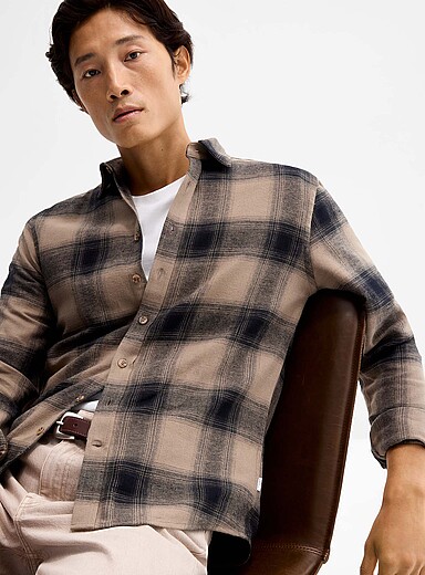 Lindbergh: La chemise carreau moderne <b>Coupe relaxe</b> Beige &agrave; motifs pour homme