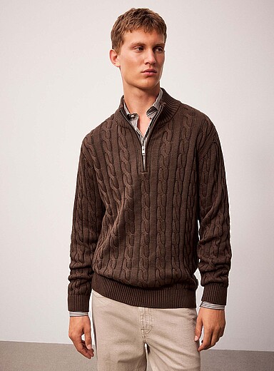Cable-knit zip-neck sweater <b>Relaxed fit</b>