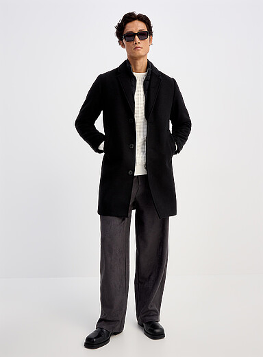 Lindbergh Black Removable bib wool-blend overcoat for men