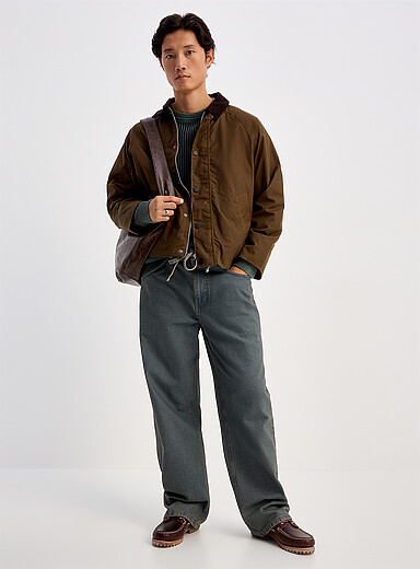 Corduroy-collar waxed fabric jacket