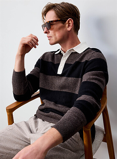 Lindbergh Black Striped knit rugby polo for men
