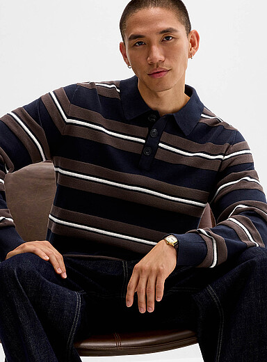 Lindbergh Navy/Midnight Blue Textured stripe knit polo <b>Comfort fit</b> for men