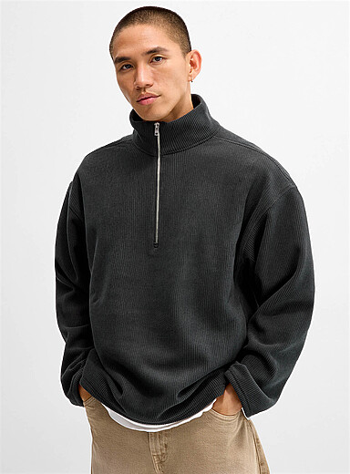 Lindbergh Slate Grey Corduroy zip-neck sweater for men