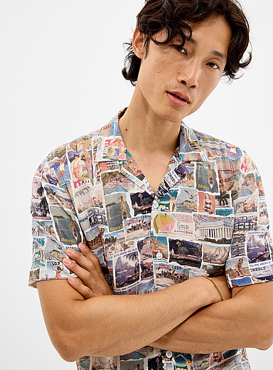 Lindbergh Patterned White Postcard camp shirt <b>Relaxed fit</b> for men