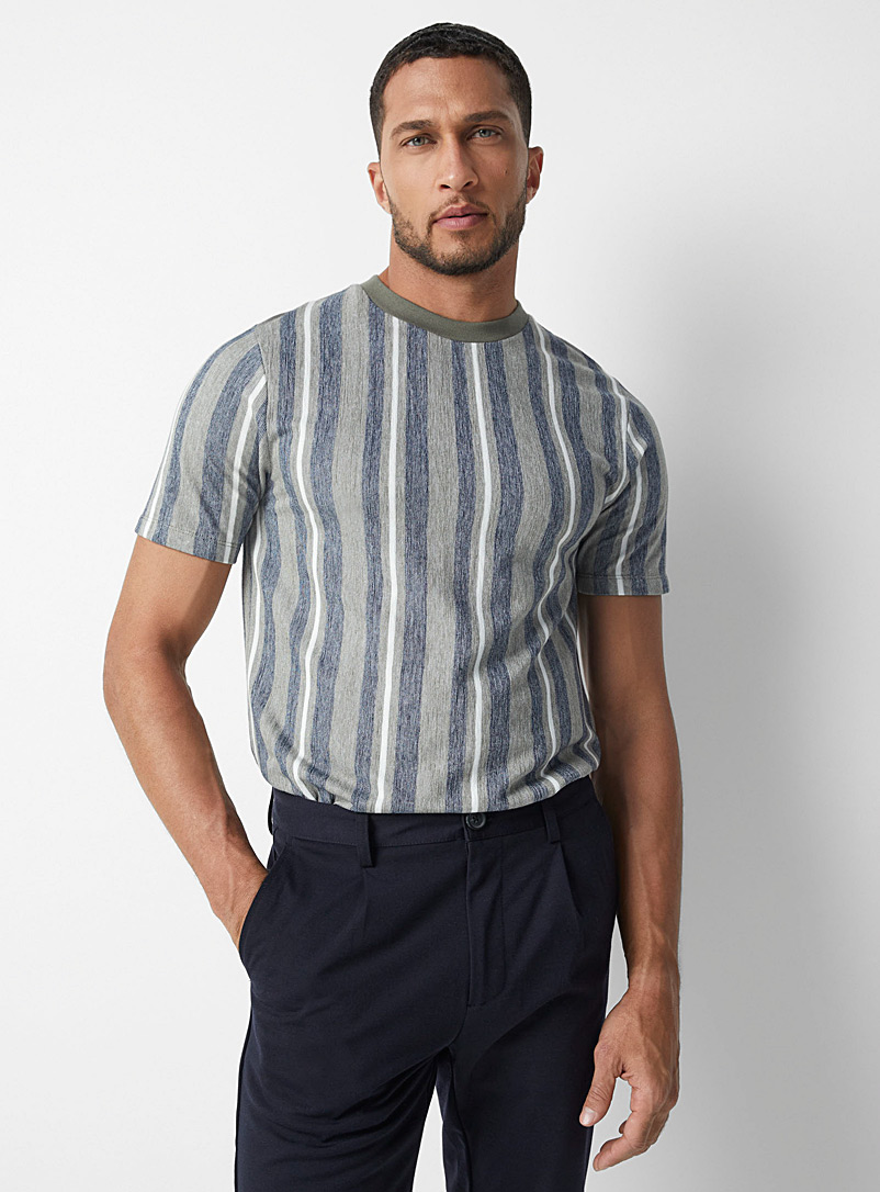Lindbergh Mossy Green Chambray-like jacquard striped T-shirt for men