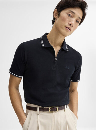 Lindbergh: Le polo col zipp&eacute; bordures ray&eacute;es Noir pour homme
