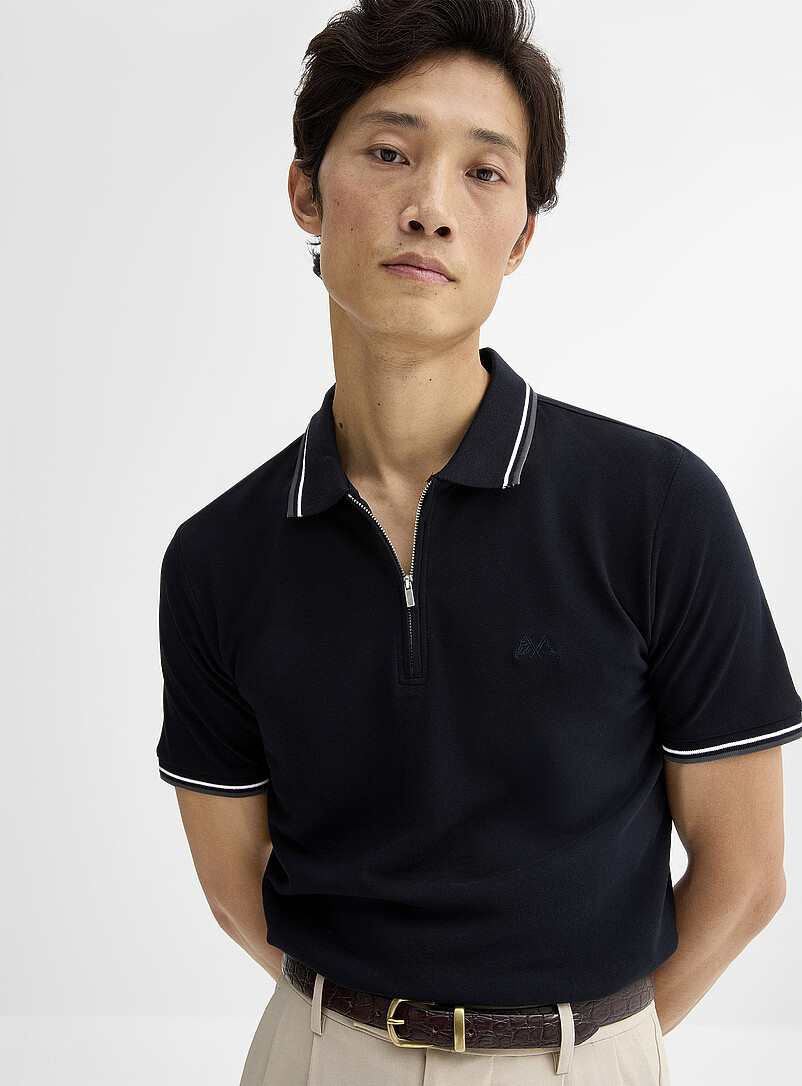 Lindbergh: Le polo col zipp&eacute; bordures ray&eacute;es Bleu marine - Bleu nuit pour homme