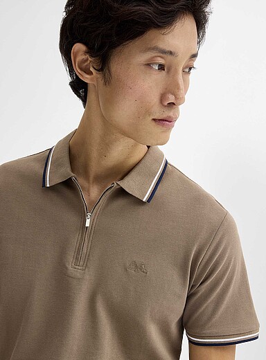 Lindbergh Taupe Striped-trim zip-neck polo for men