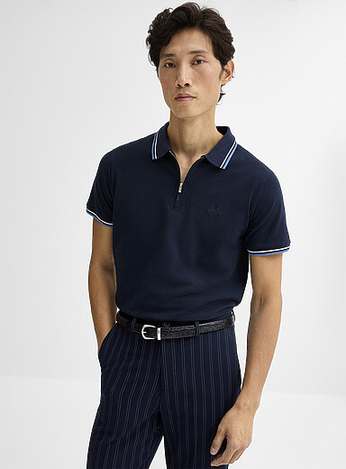 Striped-trim zip-neck polo