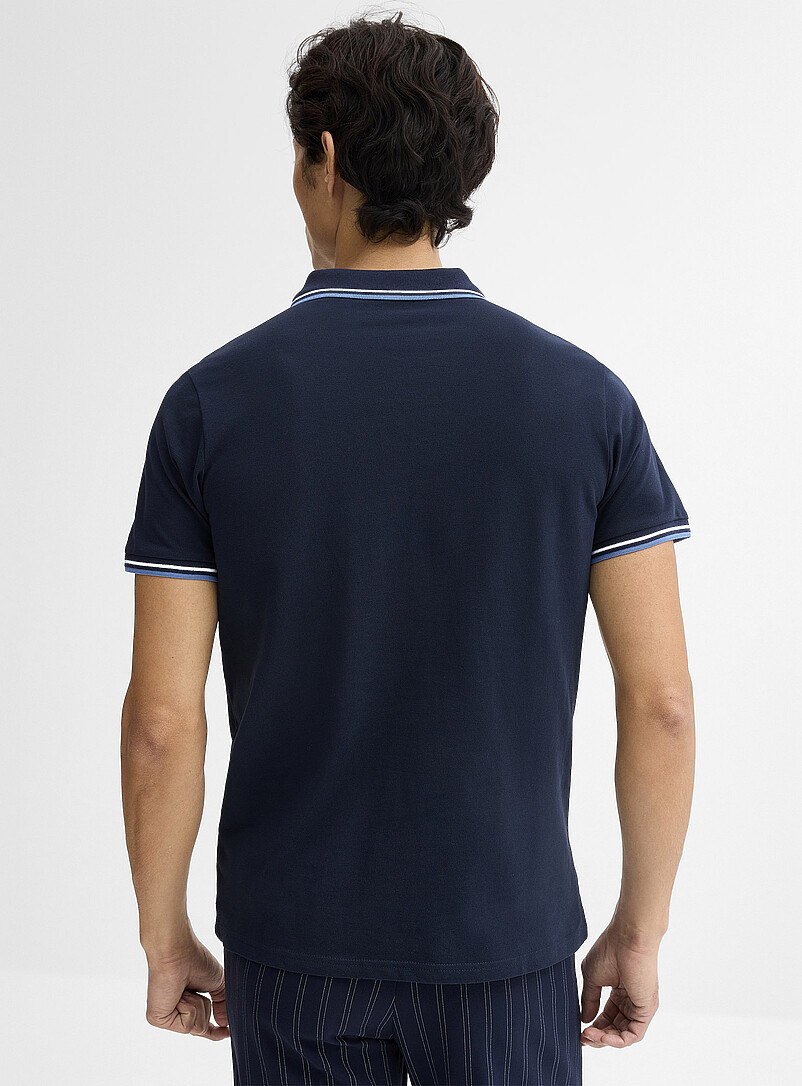 Lindbergh: Le polo col zipp&eacute; bordures ray&eacute;es Bleu marine - Bleu nuit pour homme