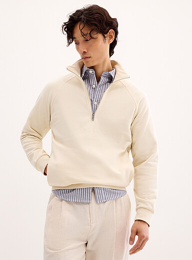 Lindbergh Ecru/Linen Embroidered signature zip-neck sweatshirt for men