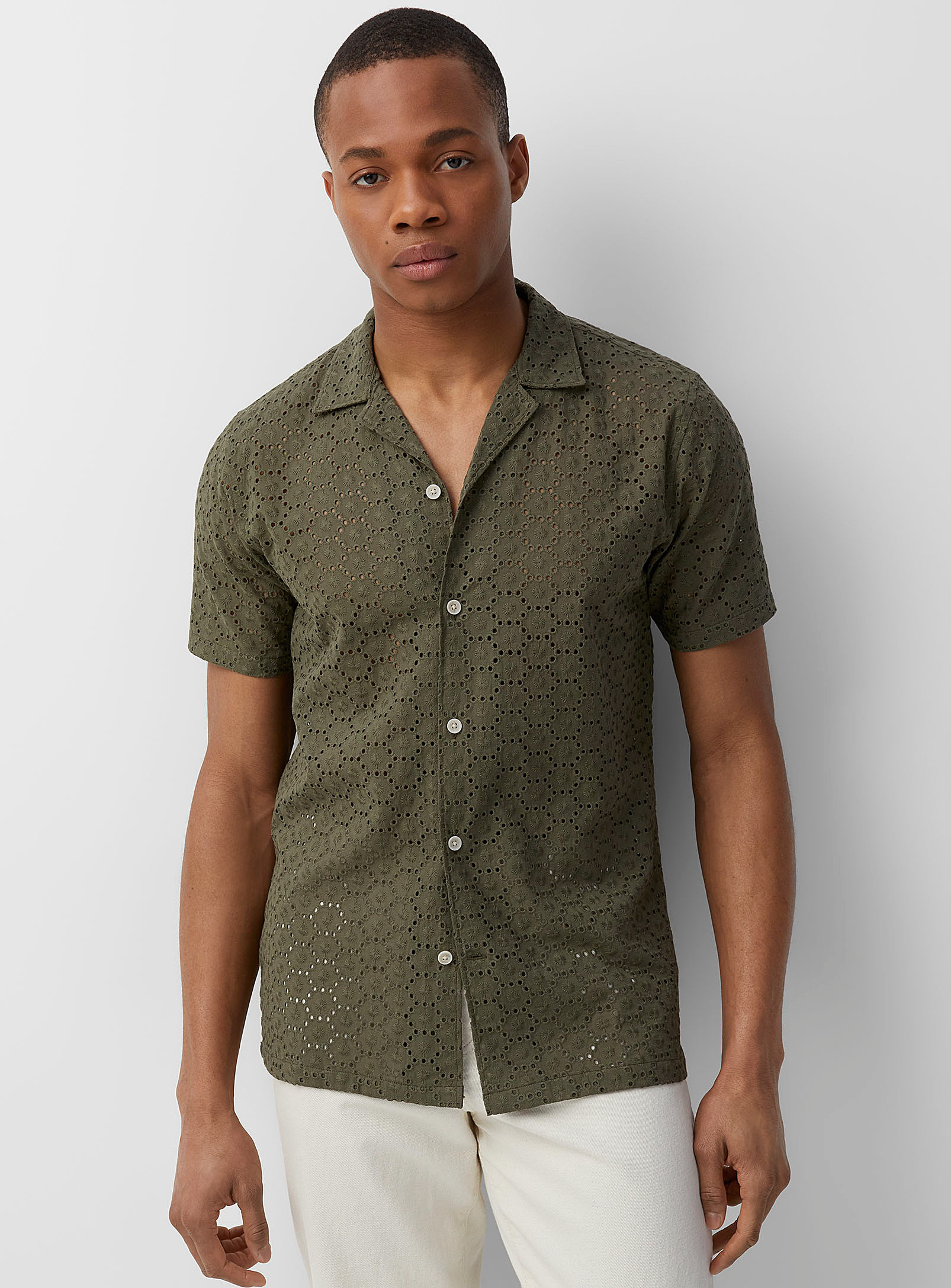 Lindbergh Broderie Anglaise Camp Shirt In Mossy Green