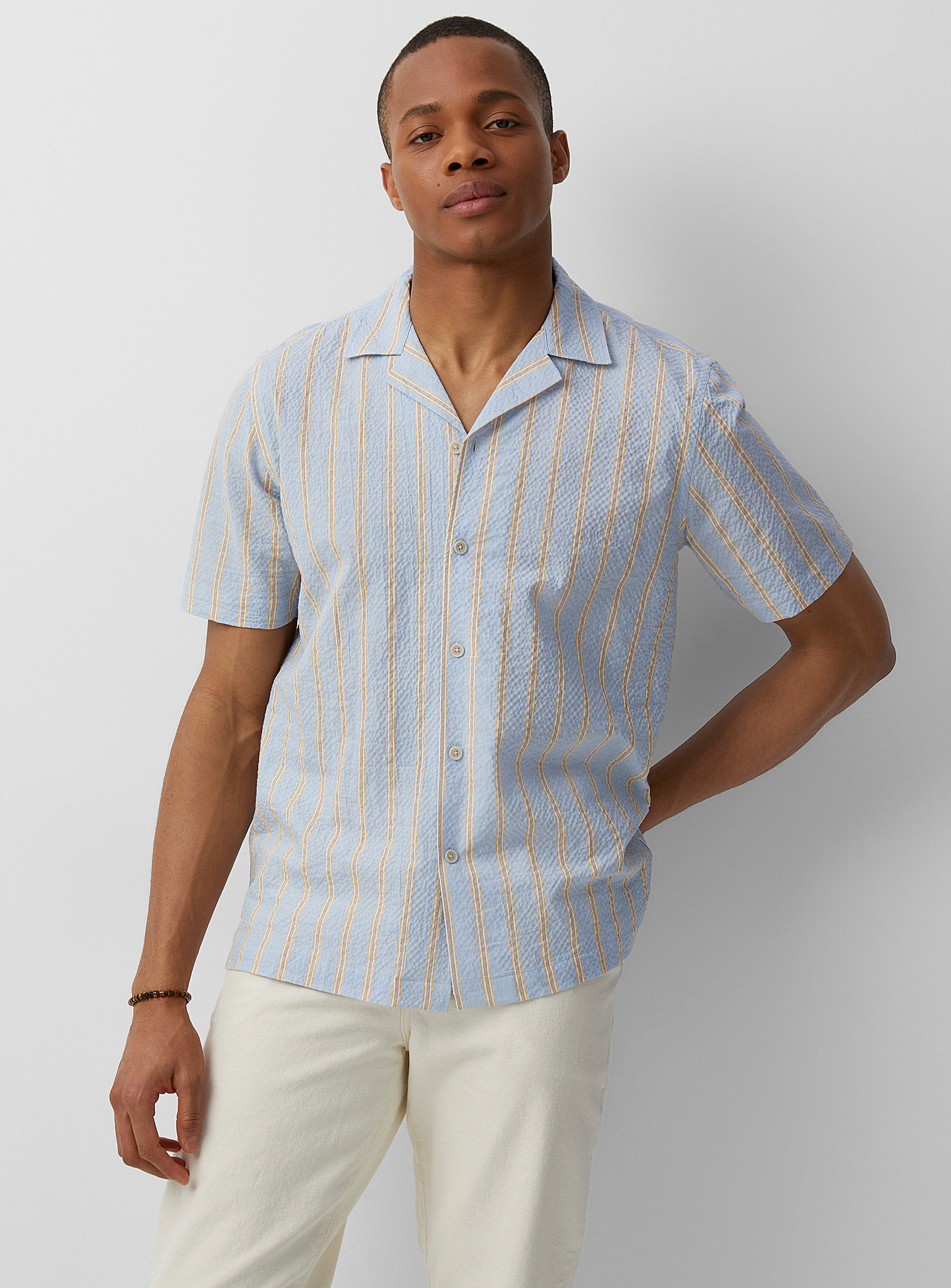 Lindbergh Striped Waffle Shirt In Baby Blue