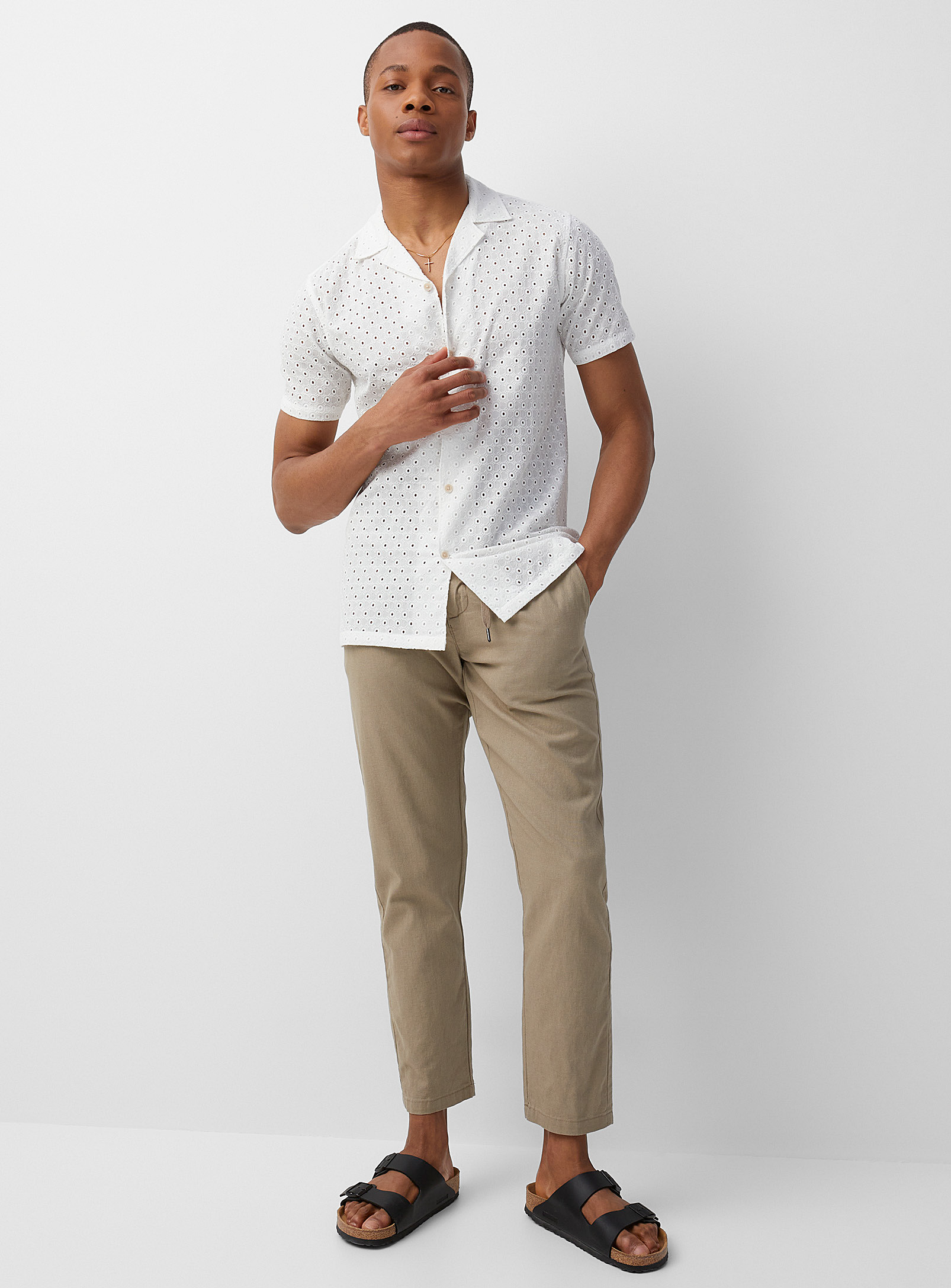 Lindbergh Comfort-waist Cotton-linen Pant Tapered Fit In Fawn