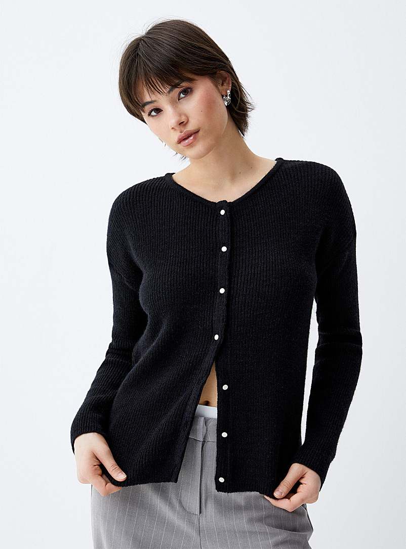 Twik Black Pearly buttons ribbed cardigan for women