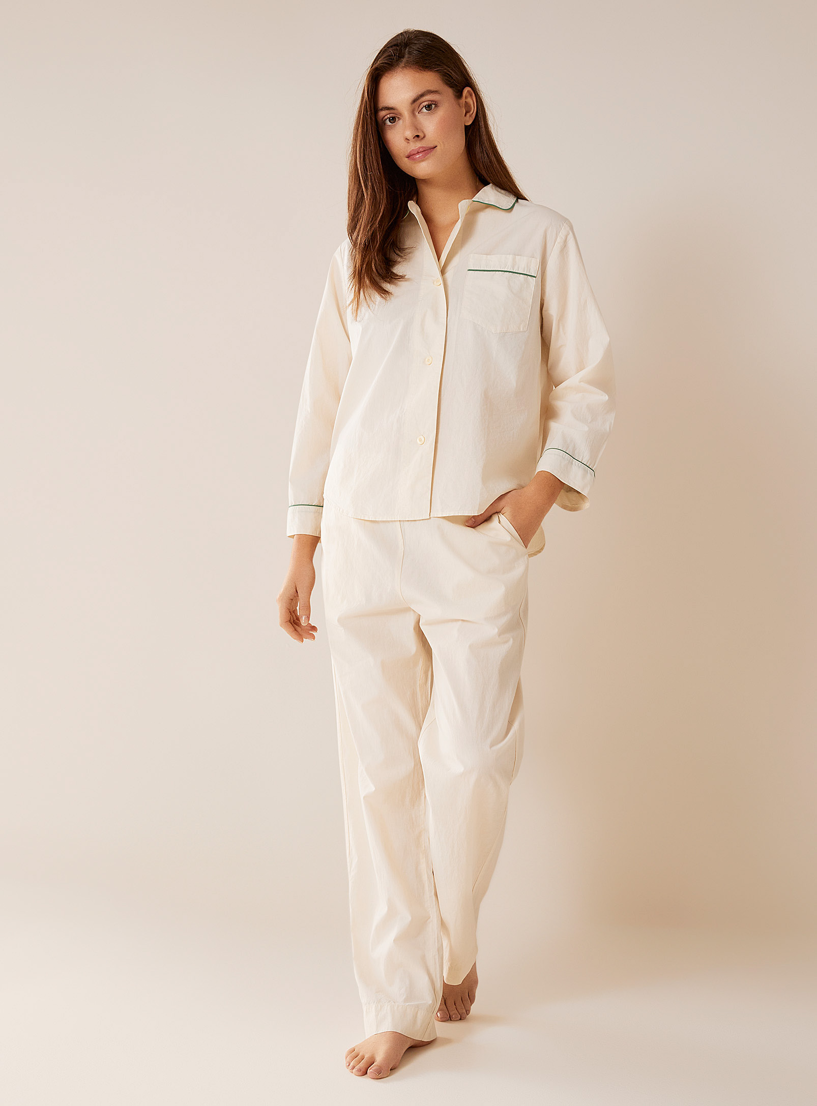 Aiayu Green Piping Organic Cotton Pyjama Set In White