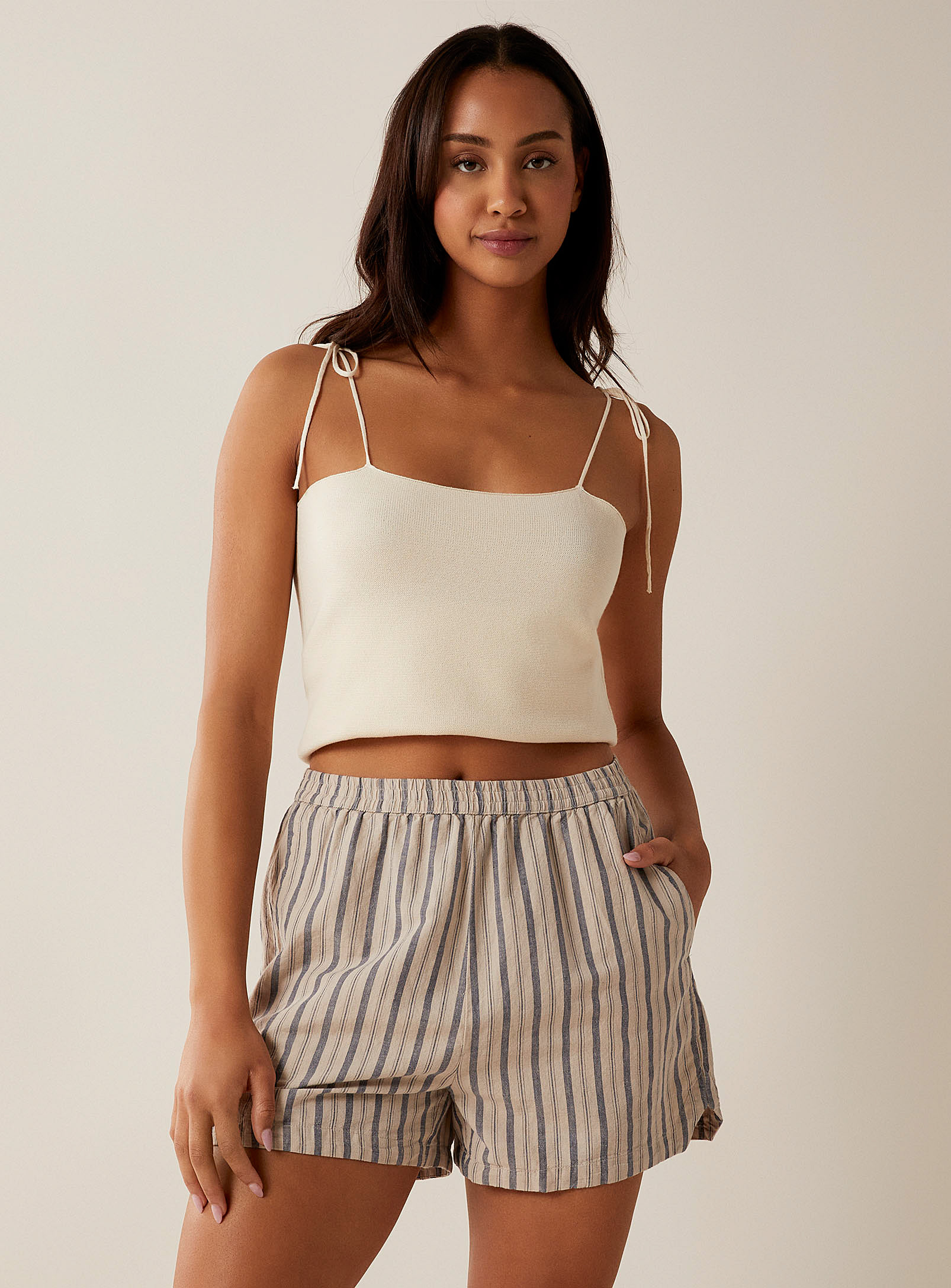 Aiayu Luca Striped Organic Cotton And Linen Lounge Shorts In Neutral