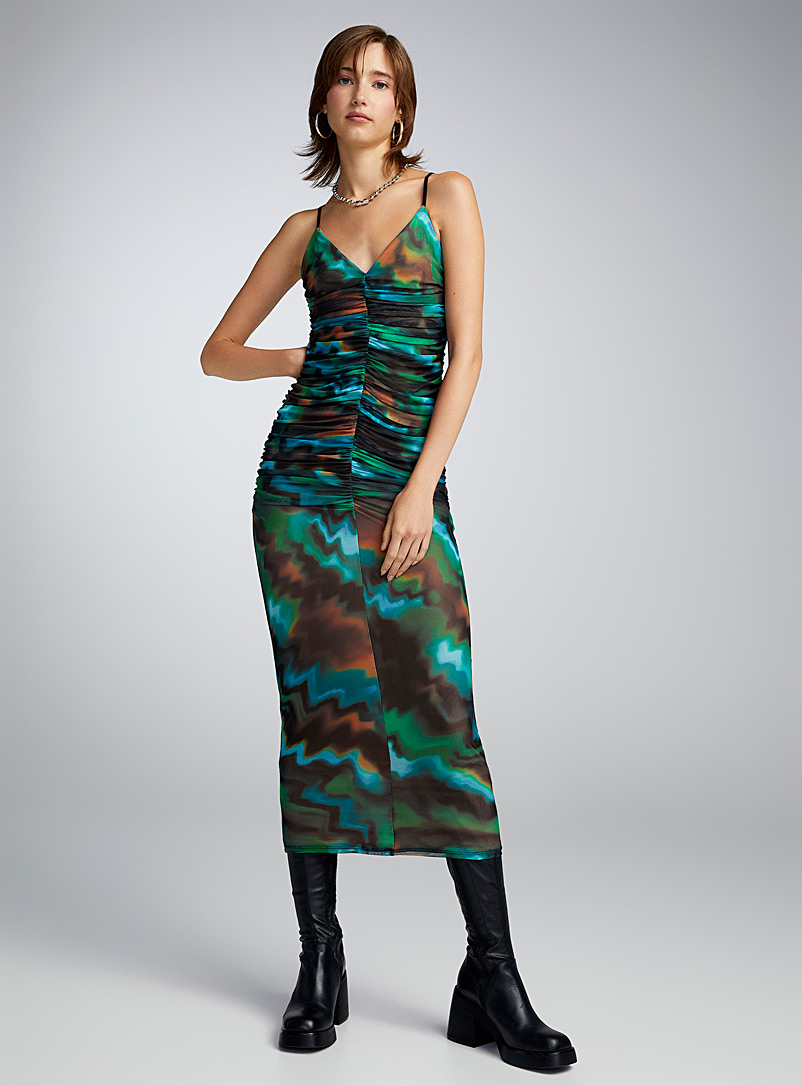 AFRM Patterned Green Abstract ripples gathered mesh dress for women