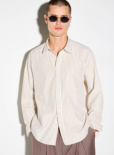 Le 31 Ivory/Cream Beige Mocha-coloured striped shirt <b>Imported from Seoul</b> for men