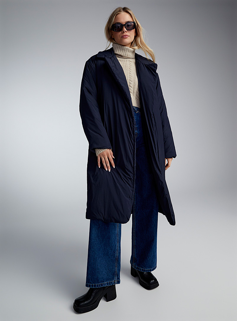 Twik Marine Blue Long belted puff jacket for women