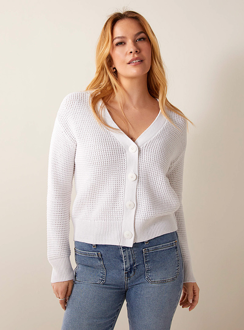 Contemporaine White Textured knit V-neck cardigan for women