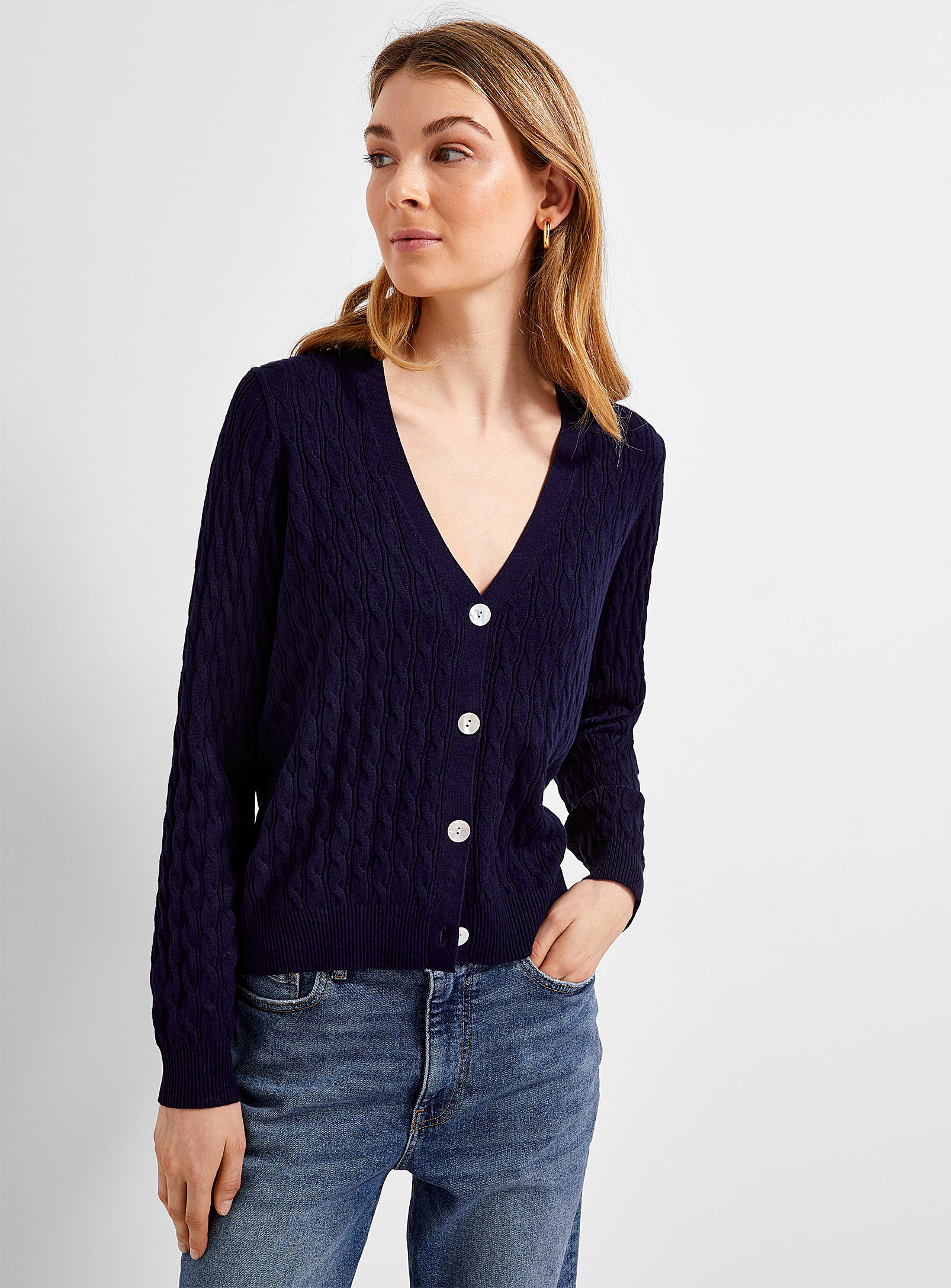 Contemporaine Cable-knit Stretch Cardigan In Navy/midnight Blue