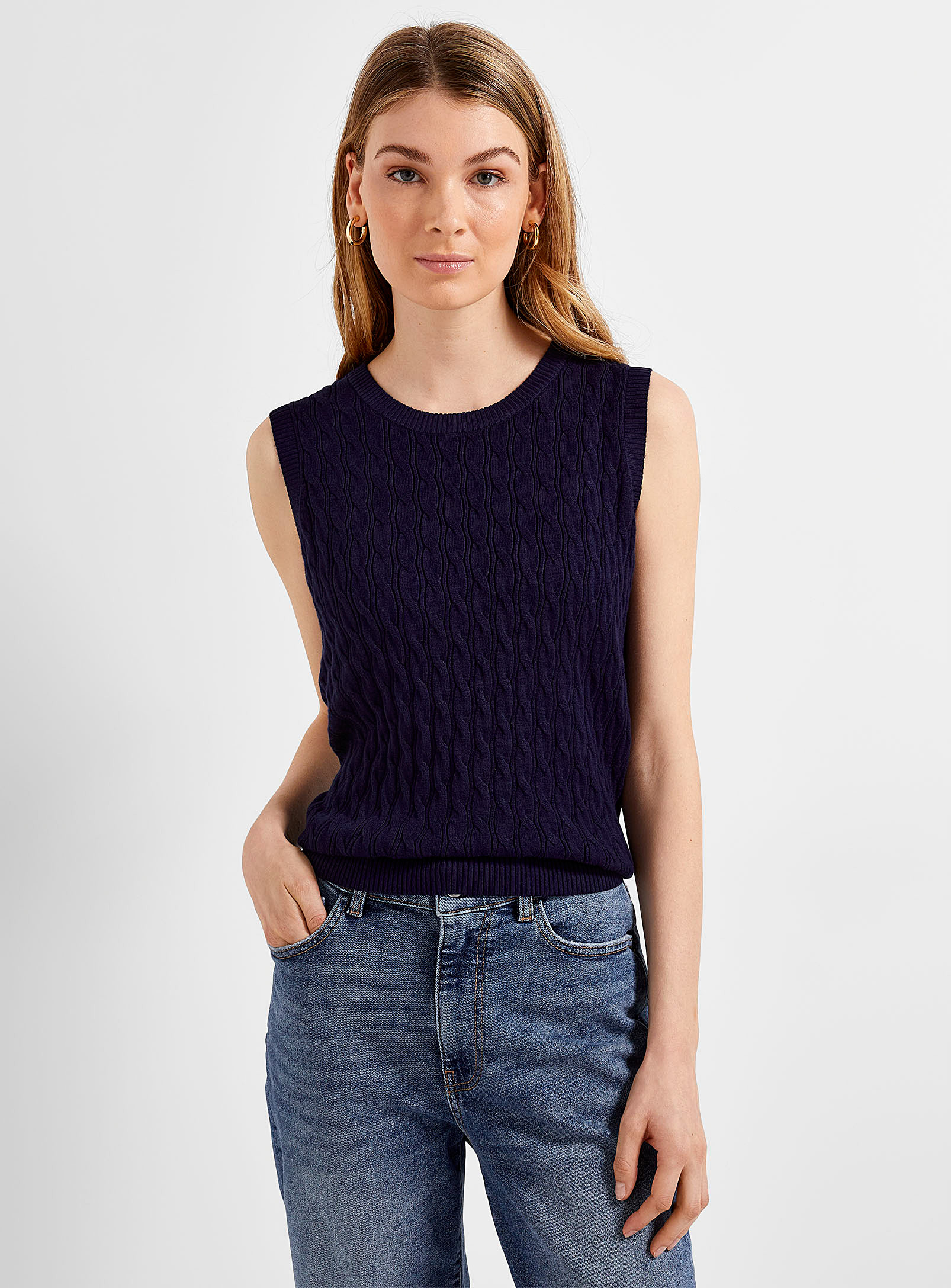 Contemporaine Cable-knit Stretch Tank Top In Navy/midnight Blue