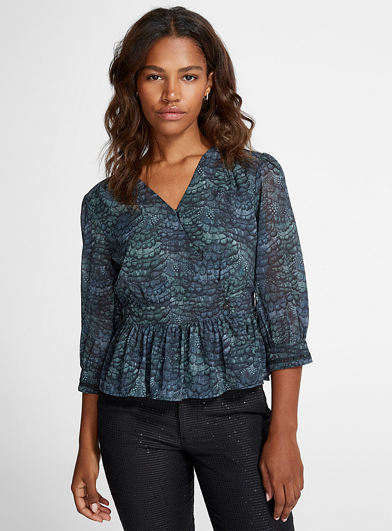 Scotch & Soda Patterned Green Majestic plumage crossover blouse for women