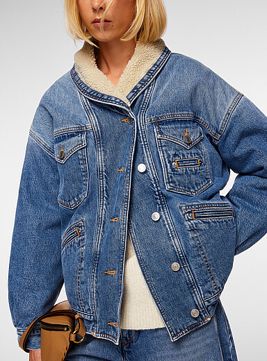 Isabel Marant Blue Pimia high-pile fleece shawl collar denim jacket for women