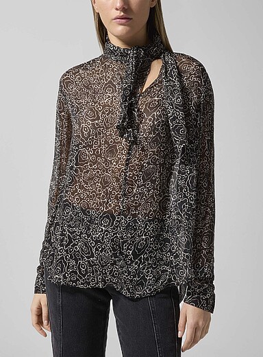 Isabel Marant Etoile: La blouse col lavalli&egrave;re diaphane Leona Blanc et noir pour femme
