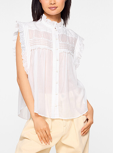 Isabel Marant Etoile White Dersia embroidered ruffled trim blouse for women