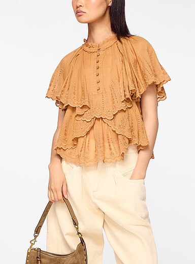 Isabel Marant Etoile Light Brown Lorna broderie anglaise ruffled sleeve blouse for women