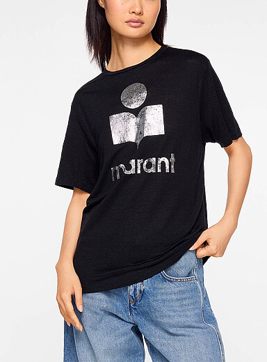 Isabel Marant Etoile Black Zewel silver logo linen T-shirt for women