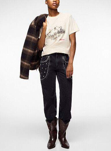 Isabel Marant Etoile Ecru/Linen Zewel Festive Mountain flocked print T-shirt for women