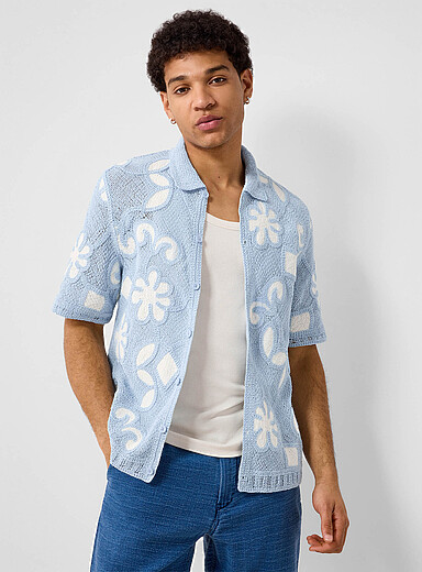 Le cardigan col polo crochet floral Porto