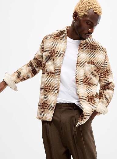 Wax London: La surchemise tricot carreaux ambr&eacute;s Whiting Beige pour homme