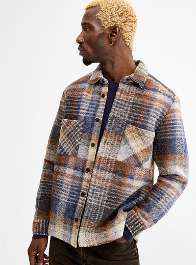 Wax London Blue Whiting amber check brushed-felt overshirt for men