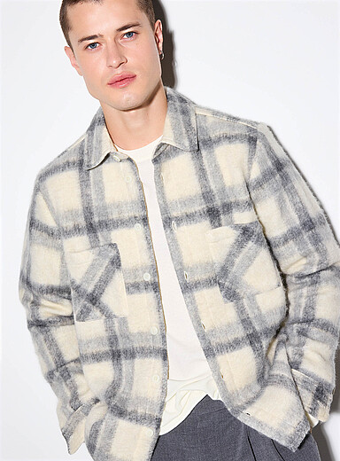 Wax London Off White Whiting ash-grey check brushed-felt overshirt for men