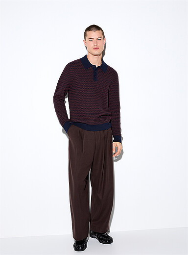 Wax London Eggplant Aubergine jacquard knit polo for men