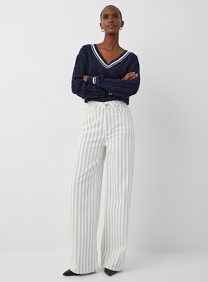 Warp + Weft Patterned White Fine stripes NCE wide-leg jean for women