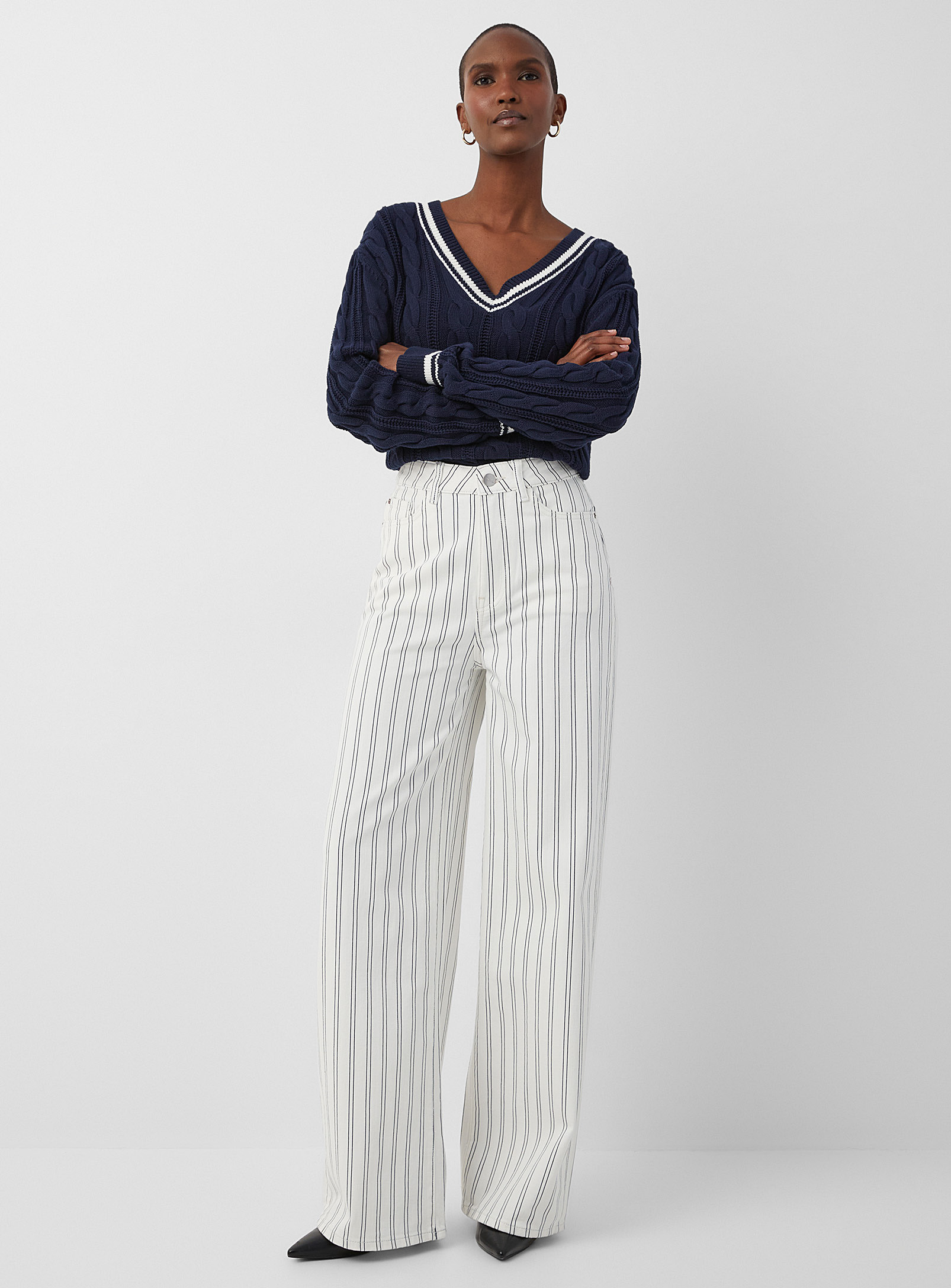 Warp & Weft Fine Stripes Nce Wide-leg Jean In Patterned White
