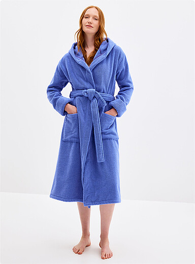 Miiyu Teal Long hooded terry robe for women