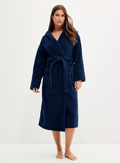Miiyu Indigo/Dark Blue Pure organic cotton terry hooded bathrobe for women