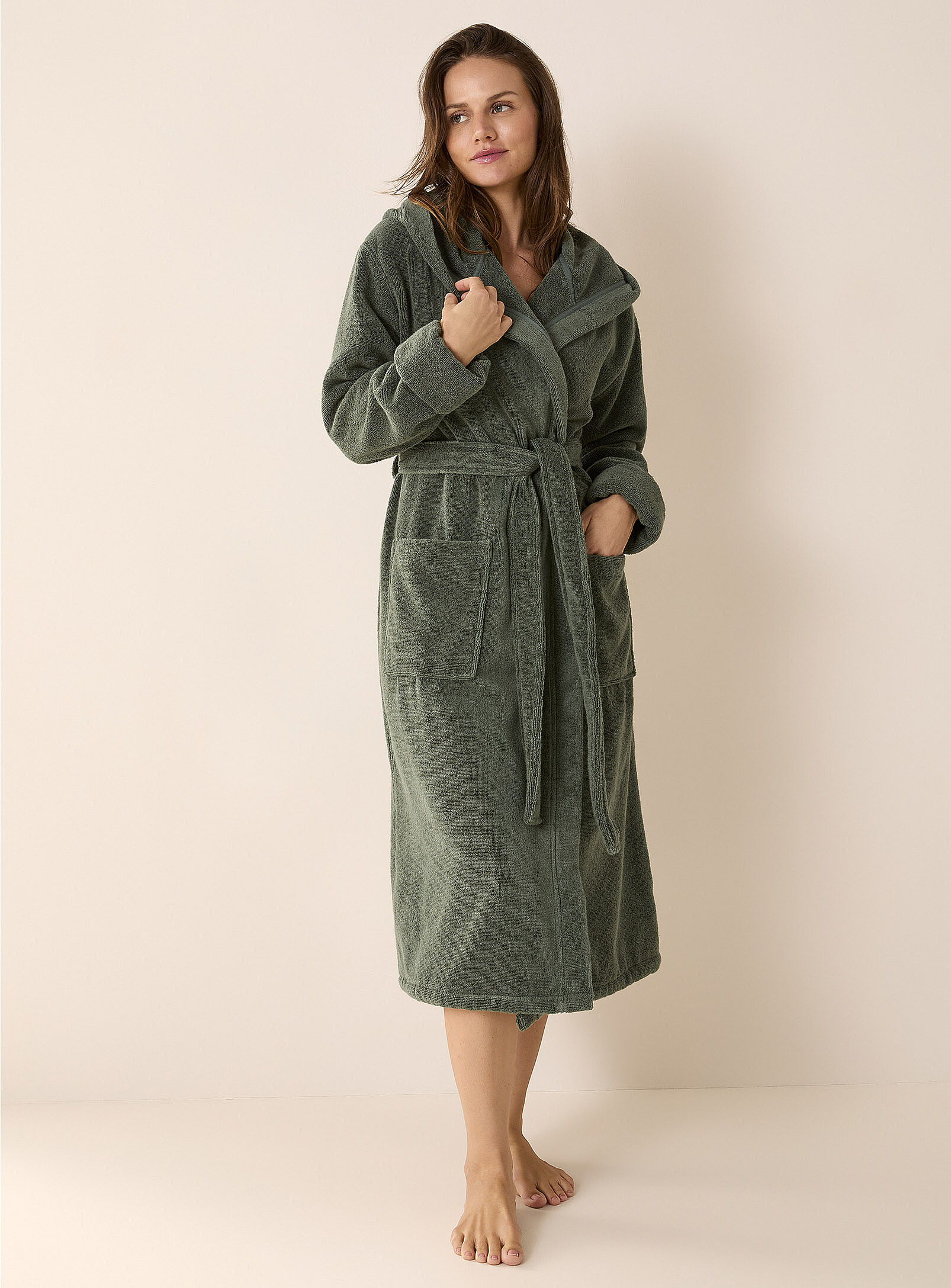 Miiyu - Long hooded terry robe (Women, Green, MEDIUM)