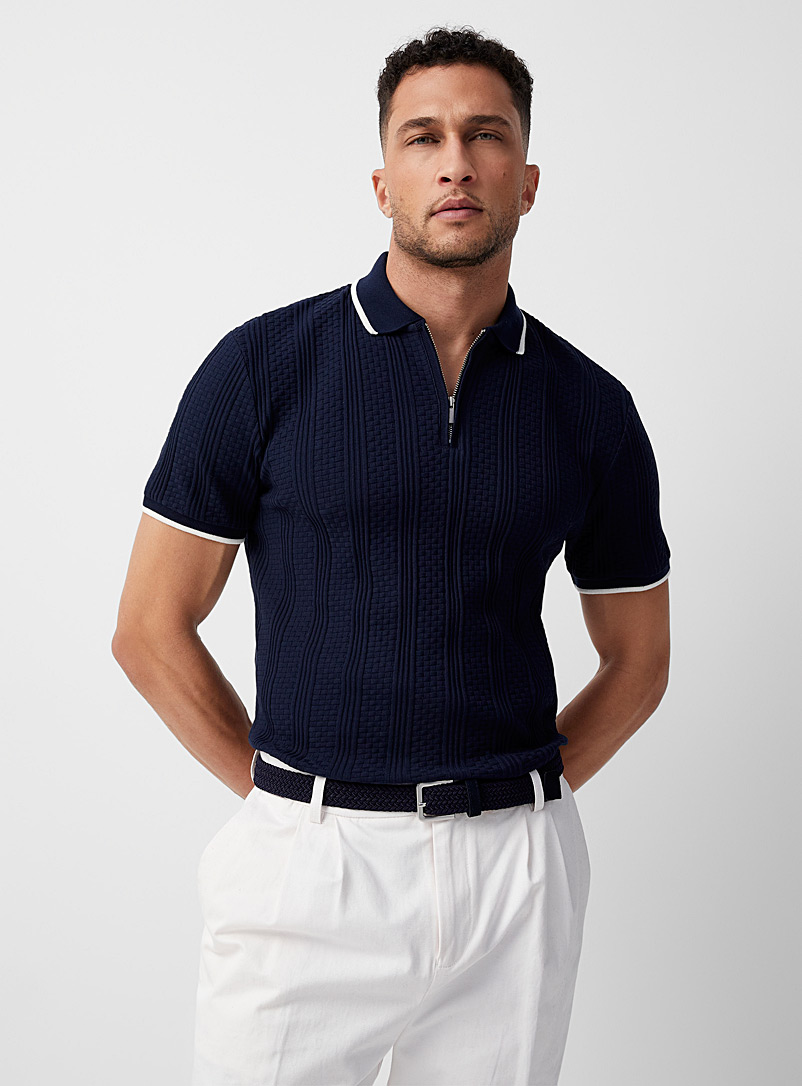 Le 31 Marine Blue Embossed geo polo for men
